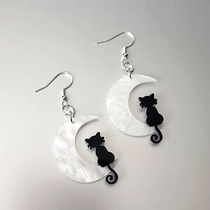 Black Cat Acrylic White Moon Accented with Black decorative Jump Rings